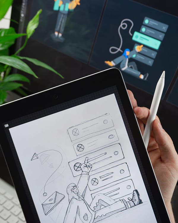 Person sketching web design assets on tablet